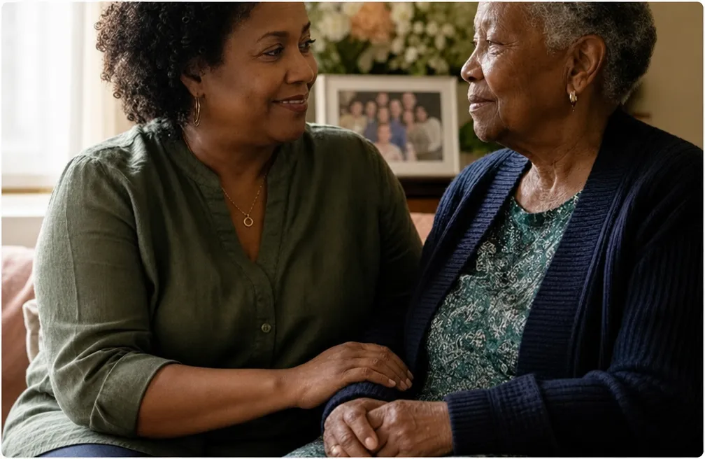 A family caregiver sitting with an older loved one at home in Northern Virginia